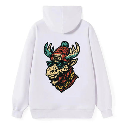 Park City Moose wearing Park City beanie with pom pom and wayfarer - Classic Pullover Hoodie - White
