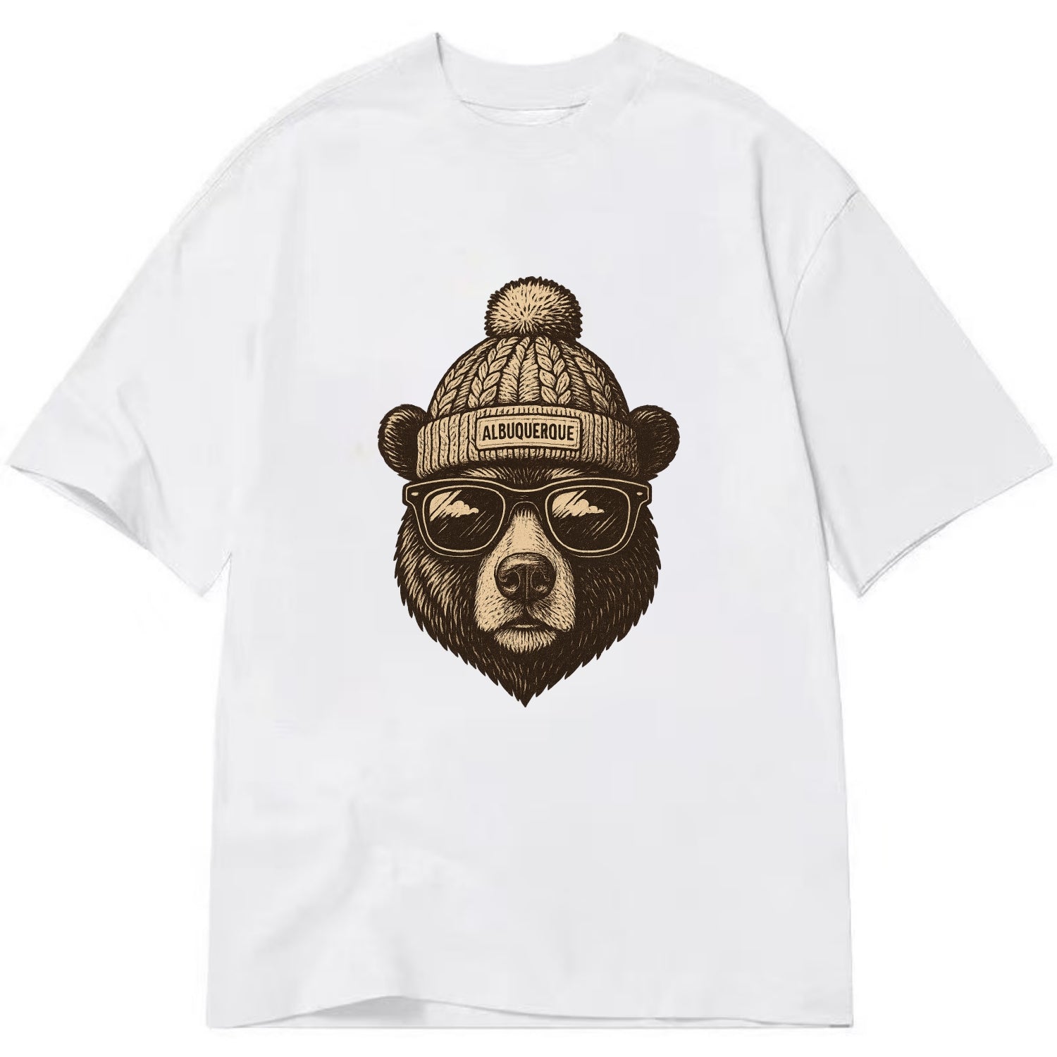 New Mexico Black Bear wearing Albuquerque beanie with pom pom and wayfarer - Classic T-shirt - White