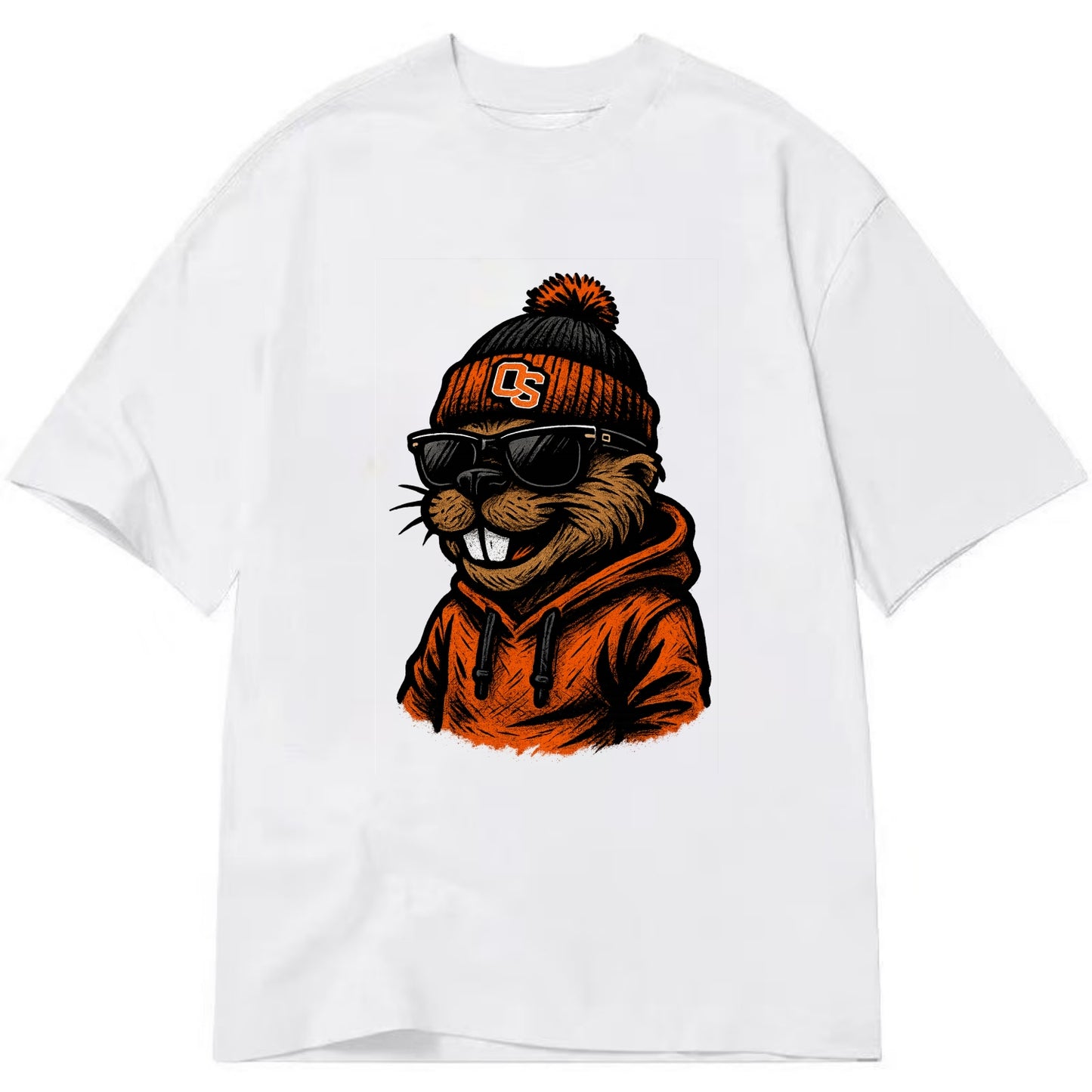 Corvallis Beaver wearing Oregon State beanie with OS patch - Classic T-shirt - White