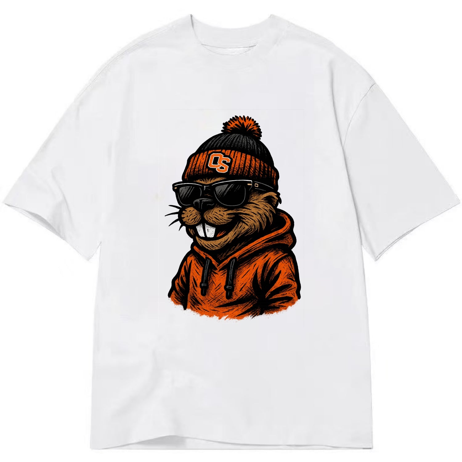 Corvallis Beaver wearing Oregon State beanie with OS patch - Classic T-shirt - White