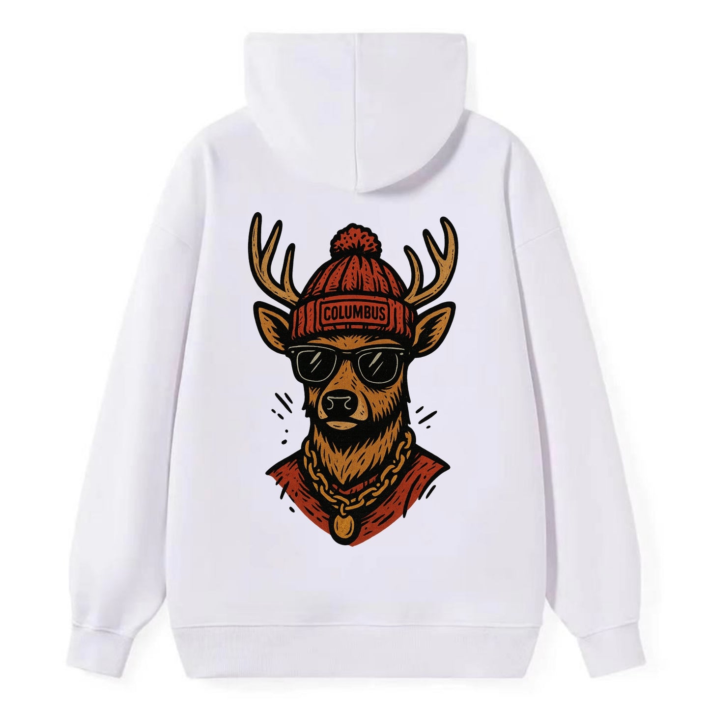 Columbus White-tailed Deer wearing Columbus beanie with pom pom and - Classic Pullover Hoodie - White