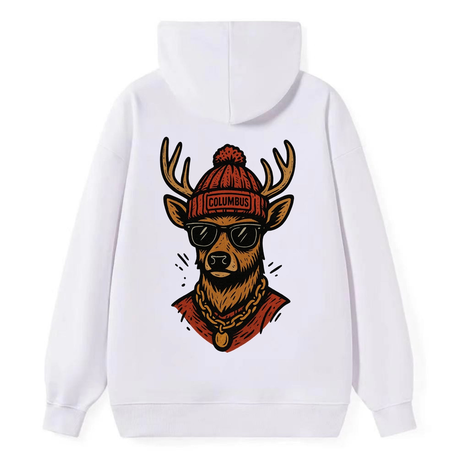 Columbus White-tailed Deer wearing Columbus beanie with pom pom and - Classic Pullover Hoodie - White