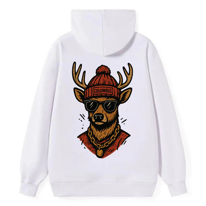 Columbus White-tailed Deer wearing Columbus beanie with pom pom and - Classic Pullover Hoodie - White