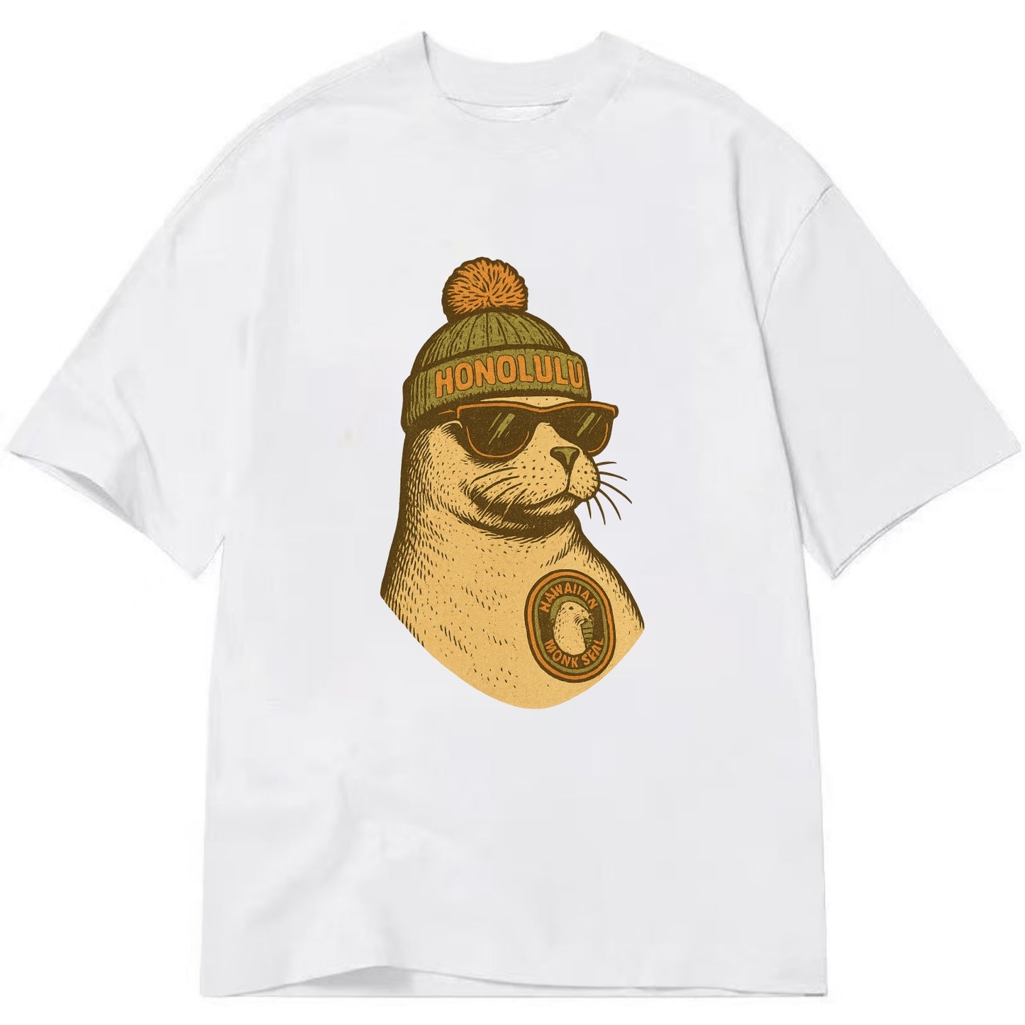 Hawaii Monk Seal wearing Honolulu beanie with pom pom and wayfarer sunglasses - Classic T-shirt - White