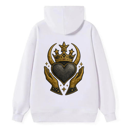 Celtic knot crown with woven strands merging into copper hands shielding - Classic Pullover Hoodie - White