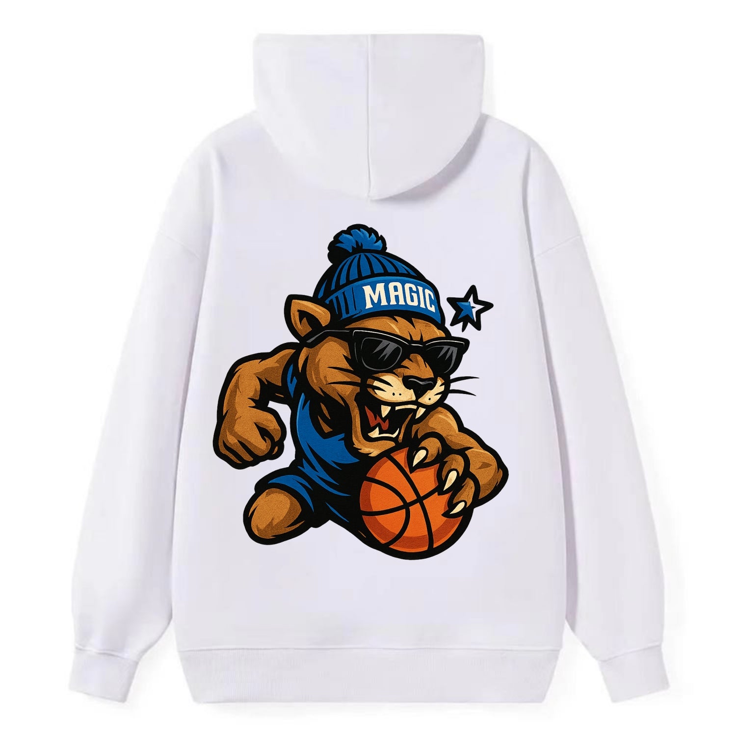 Florida Panther wearing Magic beanie with star wand patch and wayfarer - Classic Pullover Hoodie - White