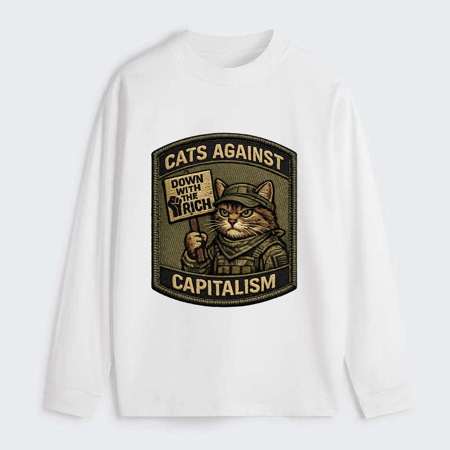 CATS AGAINST CAPITALISM - cat with protest sign in red , political cat - Classic Long Sleeve Shirt - White