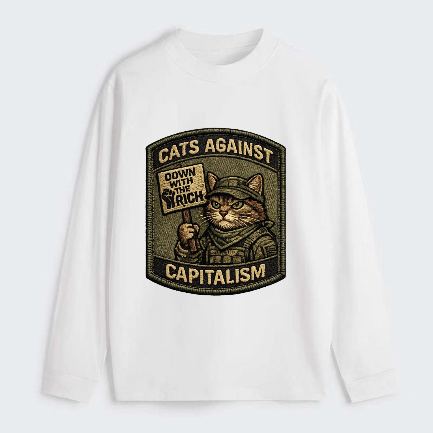 CATS AGAINST CAPITALISM - cat with protest sign in red , political cat - Classic Long Sleeve Shirt - White