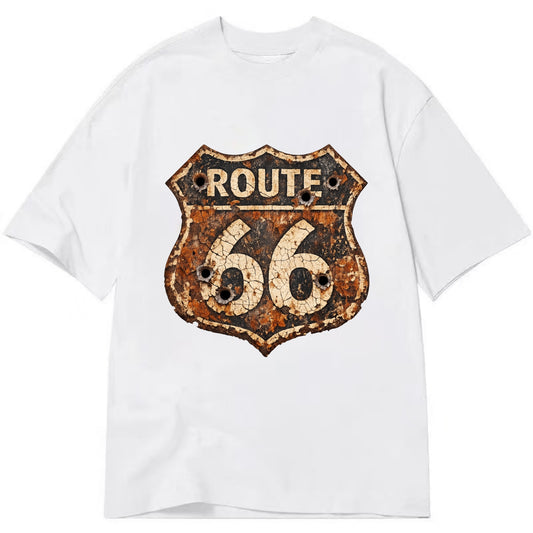 WEATHERED MARKER | Rust-aged Route 66 sign | Desert sun-bleached | Bullet holes - Classic T-shirt - White