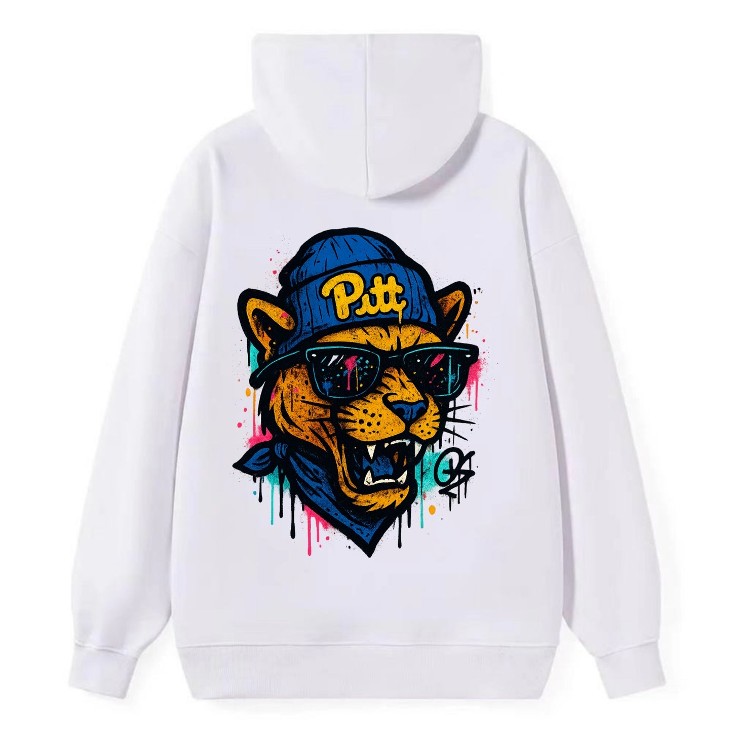 Pittsburgh Panther wearing Pitt beanie with script patch - Classic Pullover Hoodie - White