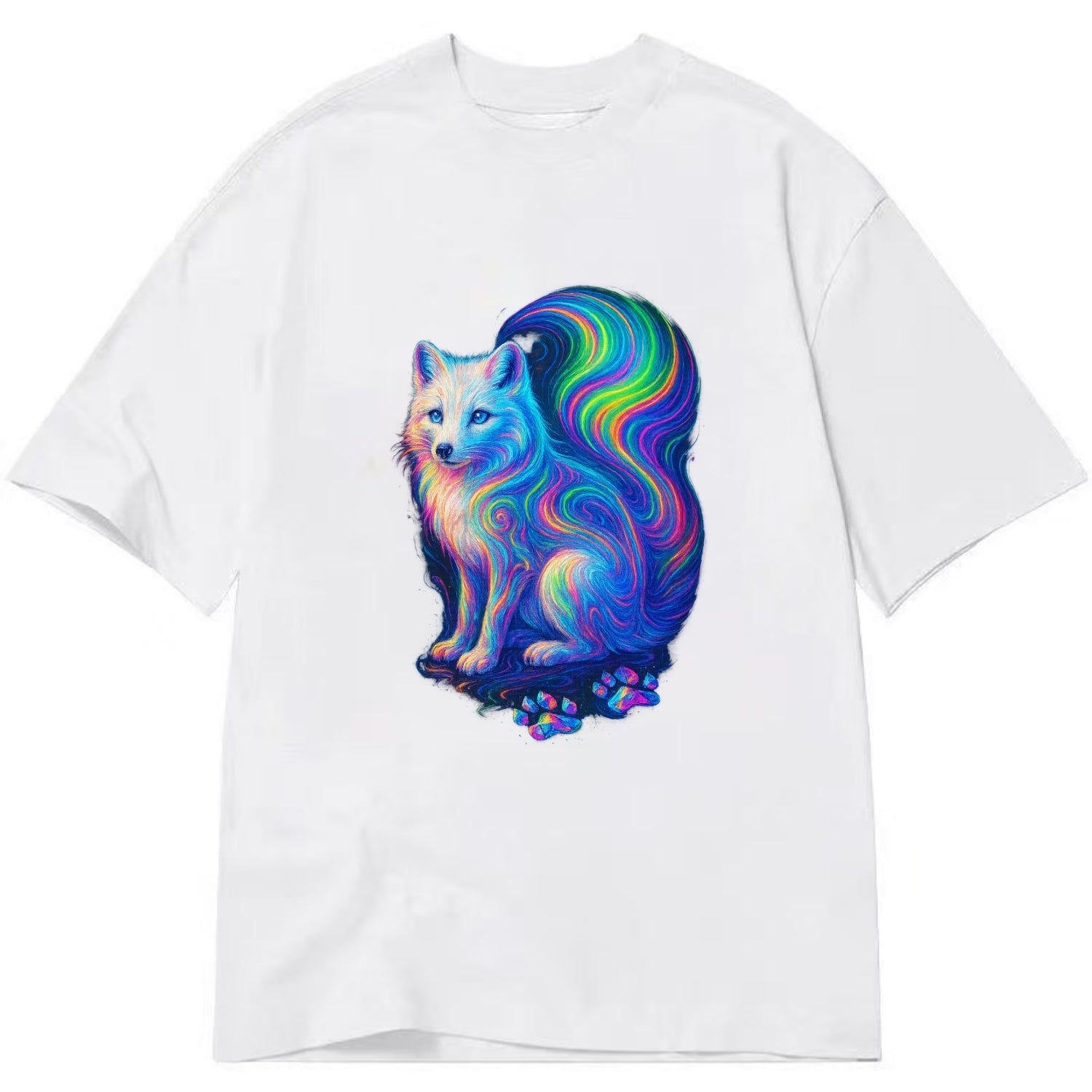 Graceful arctic fox with tail streaming aurora colors, white fur with prismatic - Classic T-shirt - White