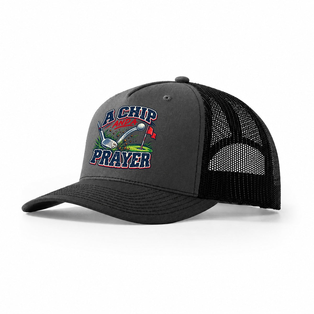 A Chip And A Prayer Golf Life Trucker Hat – Dark Grey Black