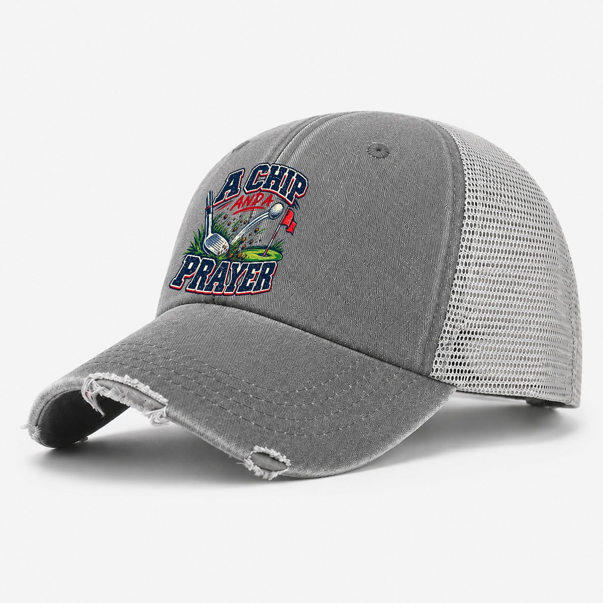 A Chip And A Prayer Golf Life Washed Trucker Hat – Grey