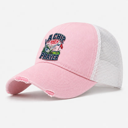 A Chip And A Prayer Golf Life Washed Trucker Hat – Light Pink