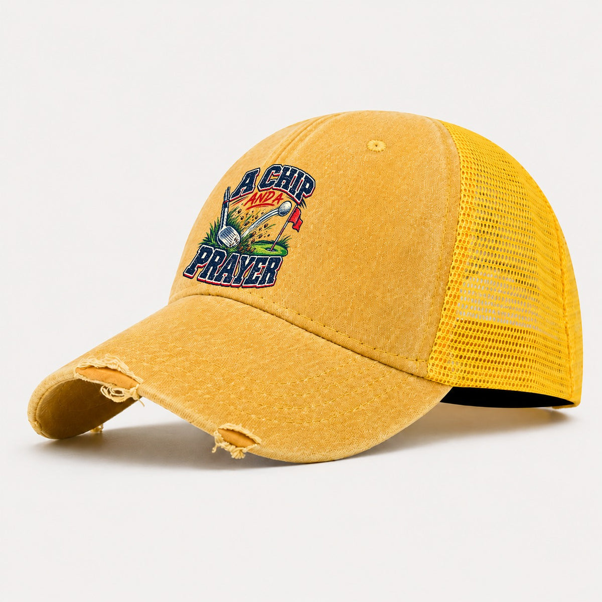 A Chip And A Prayer Golf Life Washed Trucker Hat – Yellow