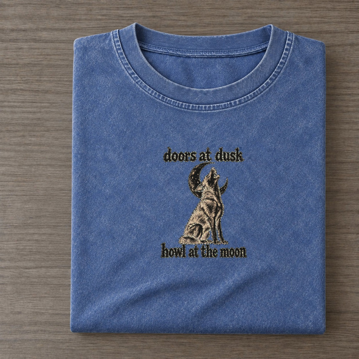 A Coyote Lean Mixed Breed Sitting Upright With Its Head Thrown Back In A Howl Bark For Me Vintage T-shirt – Washed Blue