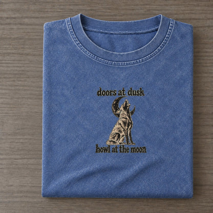 A Coyote Lean Mixed Breed Sitting Upright With Its Head Thrown Back In A Howl Bark For Me Vintage T-shirt – Washed Blue