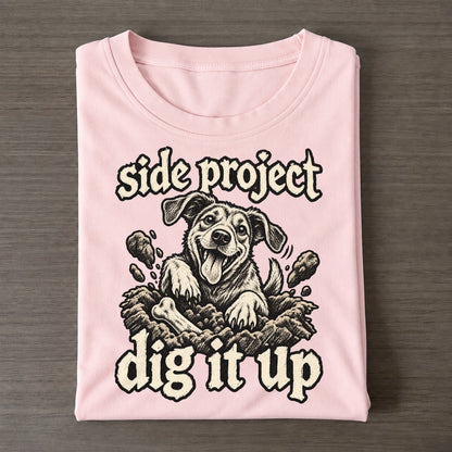 A Dog Waist Deep In A Hole Seen From The Front With Soil Flying Bark For Me Classic T-shirt – Pink