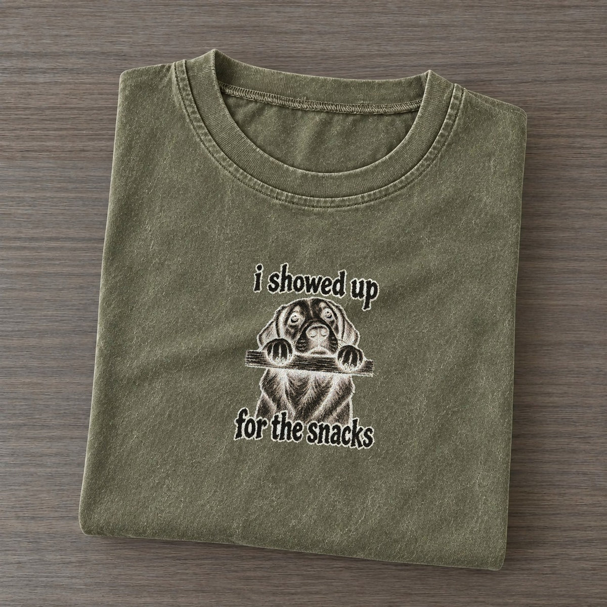 A Dog With Its Chin Resting On The Edge Of A Table Eyes Raised Bark For Me Vintage T-shirt – Army Green