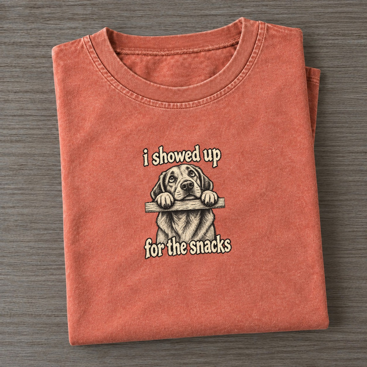 A Dog With Its Chin Resting On The Edge Of A Table Eyes Raised Bark For Me Vintage T-shirt – Terracotta