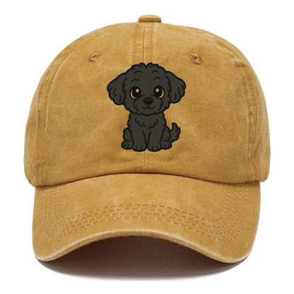 black maltipoo black curly sitting pose portrait design Hat