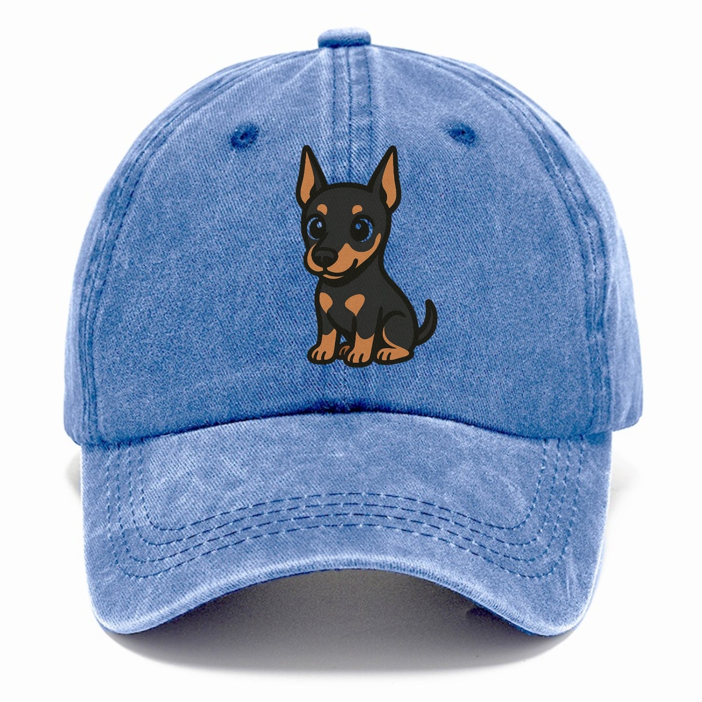 doberman black and tan sitting pose with cropped ears portrait design Hat