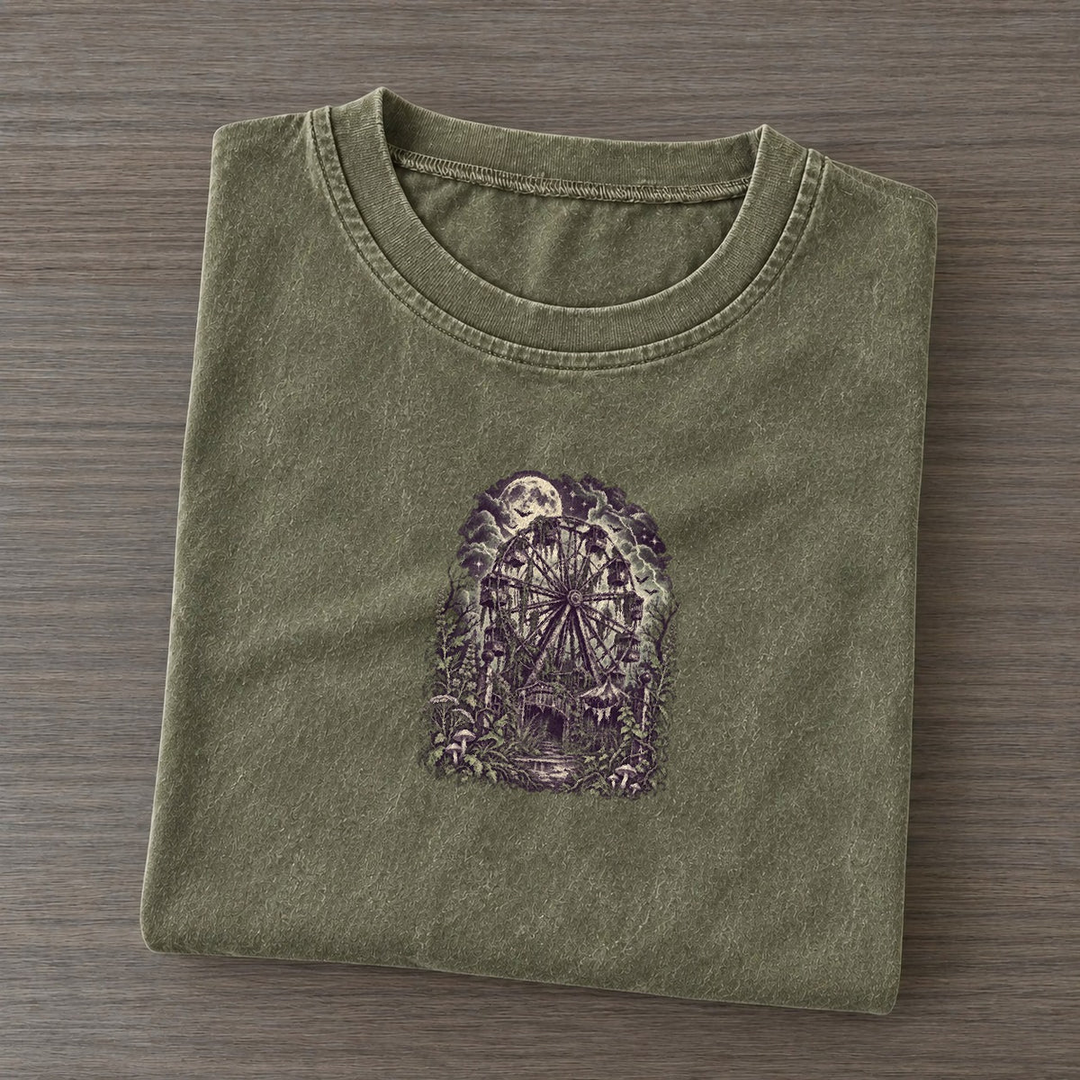 Abandoned Ferris Wheel Midnight Haunt Vintage T-shirt – Army Green