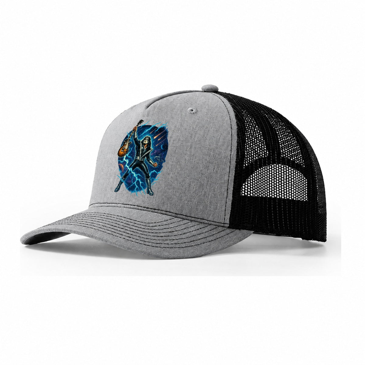 Ace Frehley Cosmic Solo Guitar Raised High Space Station Bac Trucker Hat – Sport Grey-Black