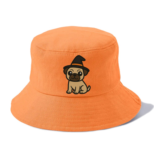 Pug Wearing Witch Hat Halloween Theme Portrait Design Bucket Hat