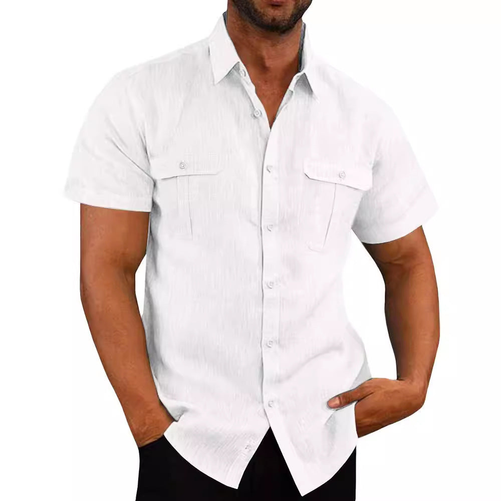 Men's Cotton Linen Short Sleeve Shirt - Double Pocket Casual Additional Image 10