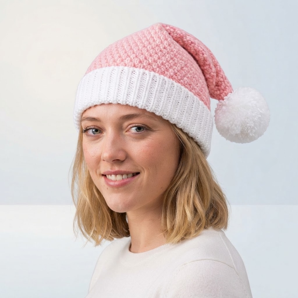Cross-Border Knit Christmas Hat for Women – Autumn/Winter Warm Pineapple-Texture Pom-Pom Beanie, Holiday Costume Wool Hat for Men — worn by a model showing the fit