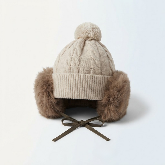 Cable Knit Pom Pom Beanie with Faux Fur Ear Flaps — studio product photo on white background