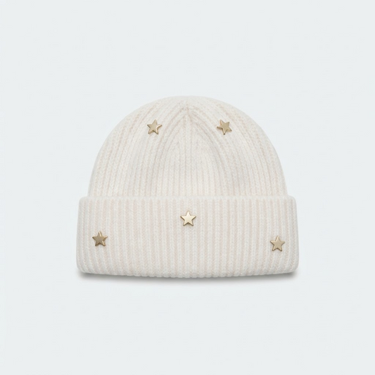 Star Knit Beanie | Ribbed Winter Hat with Gold Stars — studio product photo on white background