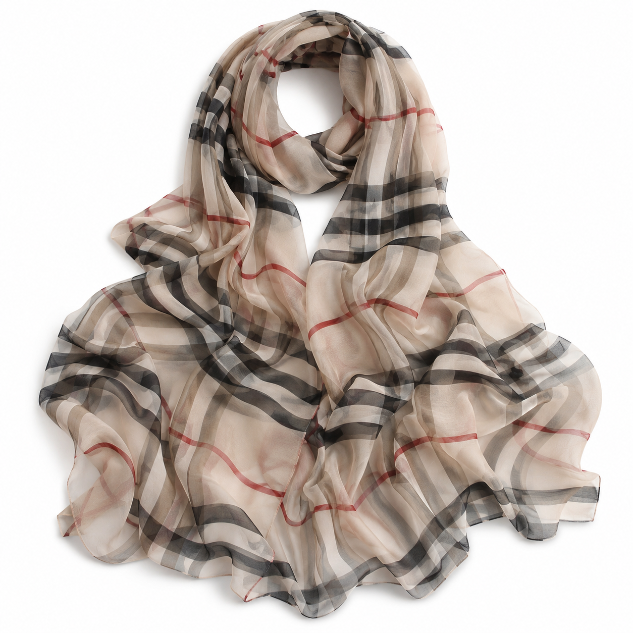 British Plaid Silk Scarf - Lightweight Summer Shawl — studio product photo on white background