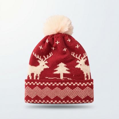 Reindeer & Tree Pom-Pom Beanie – Cozy Winter Knit Hat for Holiday Season — studio product photo on white background