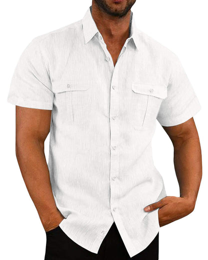 Men's Cotton Linen Short Sleeve Shirt - Double Pocket Casual Additional Image 1