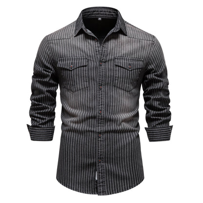 Men's Washed Stripe Denim Shirt Additional Image 1