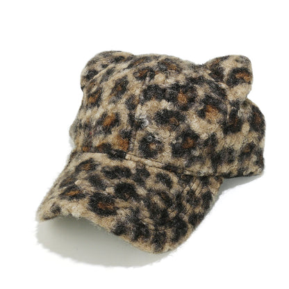 Cute Bear Ear Leopard Print Fuzzy Baseball Cap Additional Image 1