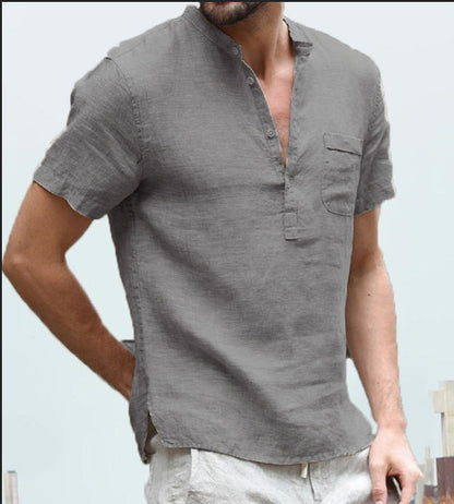 Men's Cotton Linen Stand-Up Collar Henley Shirt Additional Image 2