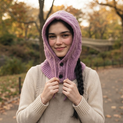 Wool Knit Hooded Scarf - All-in-One Winter Hat — lifestyle photo worn by a model