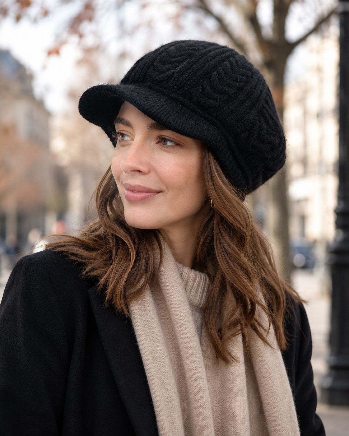 Fleece-Lined Knit Beret with Brim for Women — lifestyle photo worn by a model