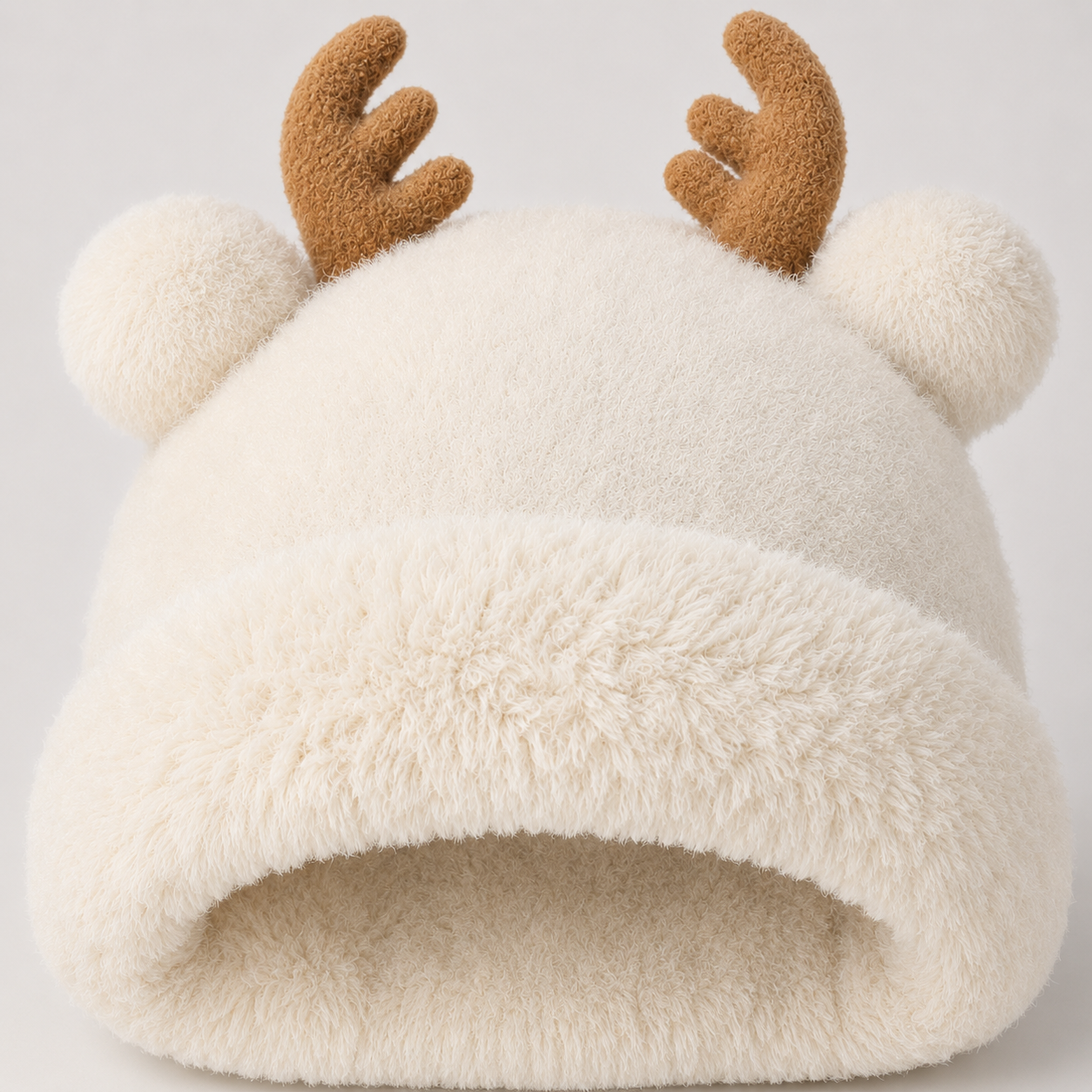 Reindeer Antler Plush Knit Beanie — close-up detail of material and stitching