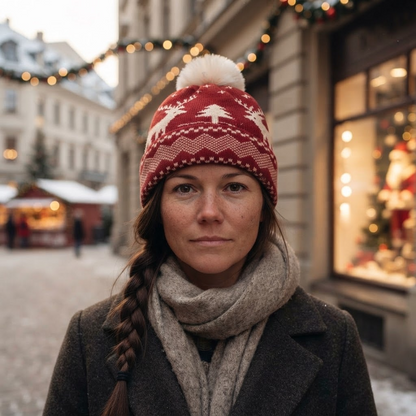Reindeer & Tree Pom-Pom Beanie – Cozy Winter Knit Hat for Holiday Season — lifestyle photo worn by a model