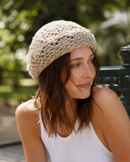 Double-Layer Crochet Lace Beret - Breathable Summer Knit Hat — lifestyle photo worn by a model