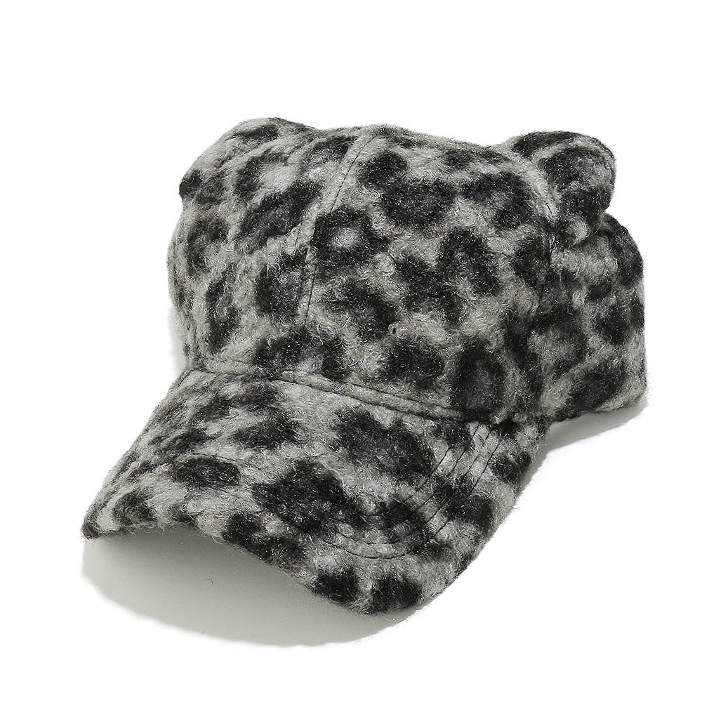 Cute Bear Ear Leopard Print Fuzzy Baseball Cap Additional Image 2
