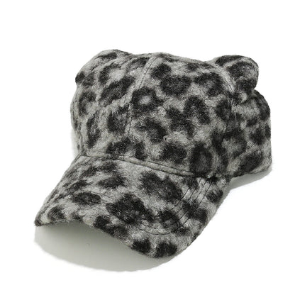Cute Bear Ear Leopard Print Fuzzy Baseball Cap Additional Image 2