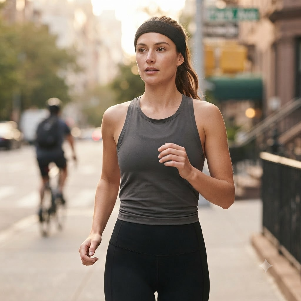 Premium Unisex Terry Sports Headband — lifestyle photo worn by a model