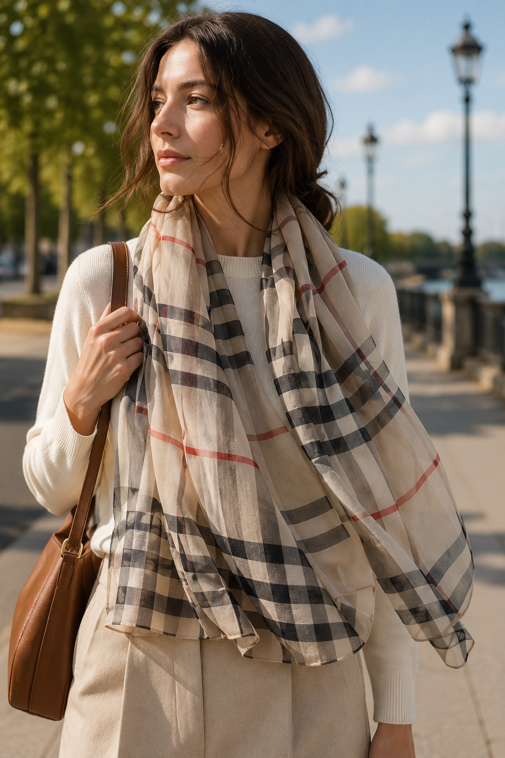British Plaid Silk Scarf - Lightweight Summer Shawl — lifestyle photo worn by a model