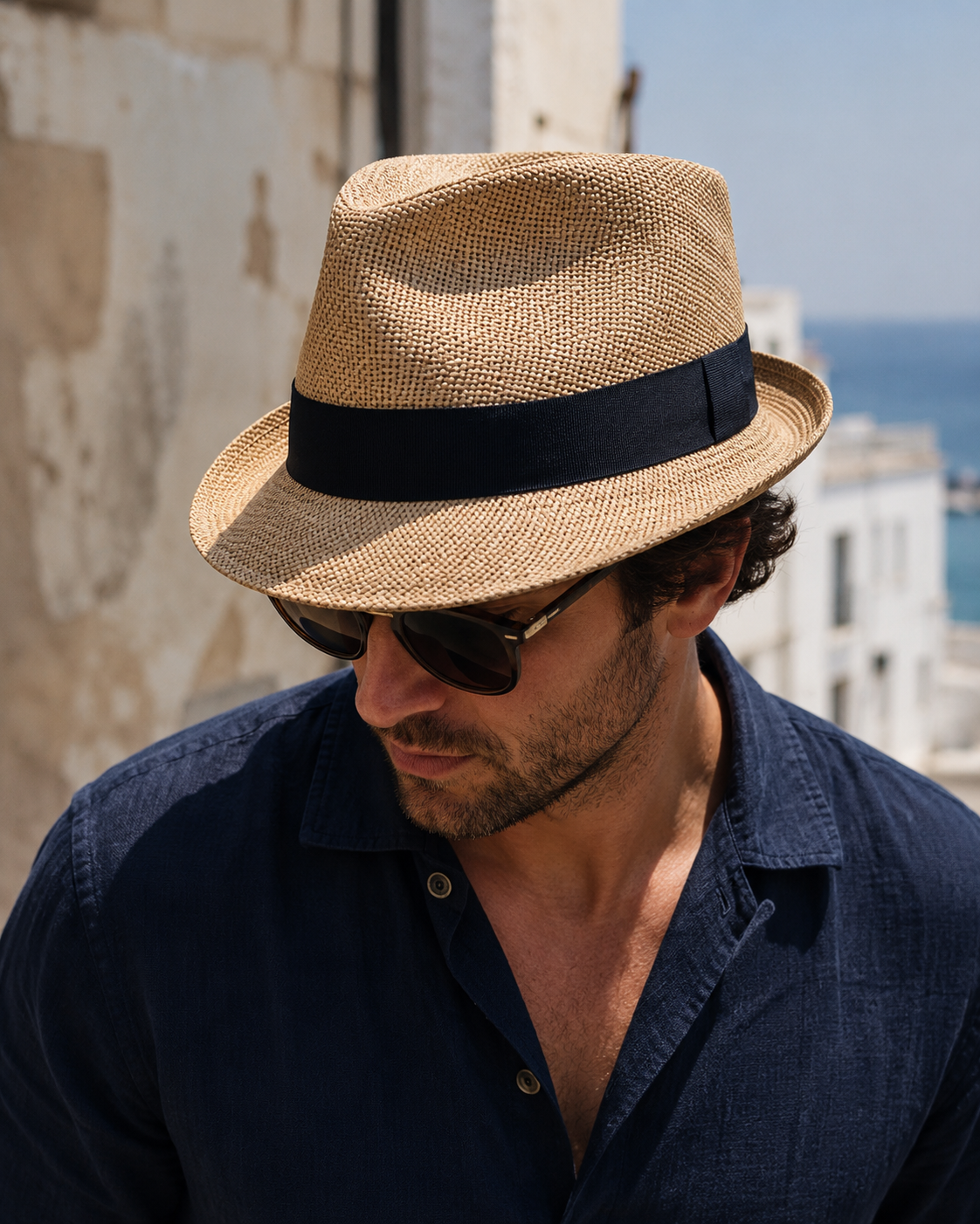 Vintage British Panama Straw Hat with Wide Brim — lifestyle photo worn by a model