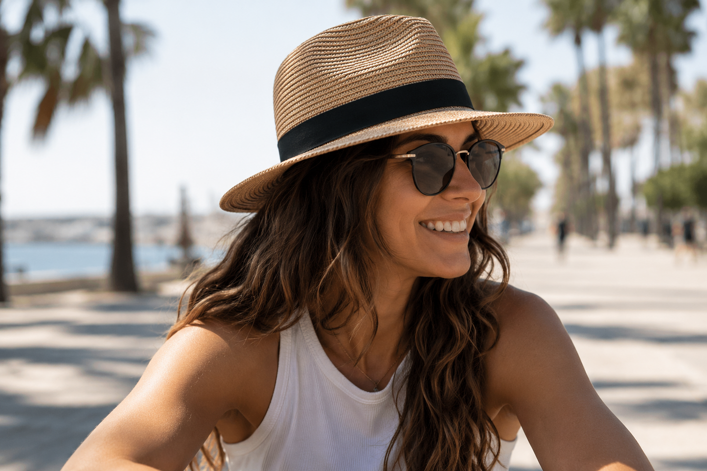 Crown Panama Hat - Breathable Summer Sun Protection — lifestyle photo worn by a model